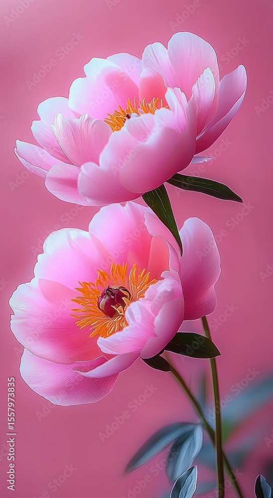 Obraz premium Two delicate pink flowers with yellow stamens on green stems against a soft pink background, evoking a sense of beauty and tranquility