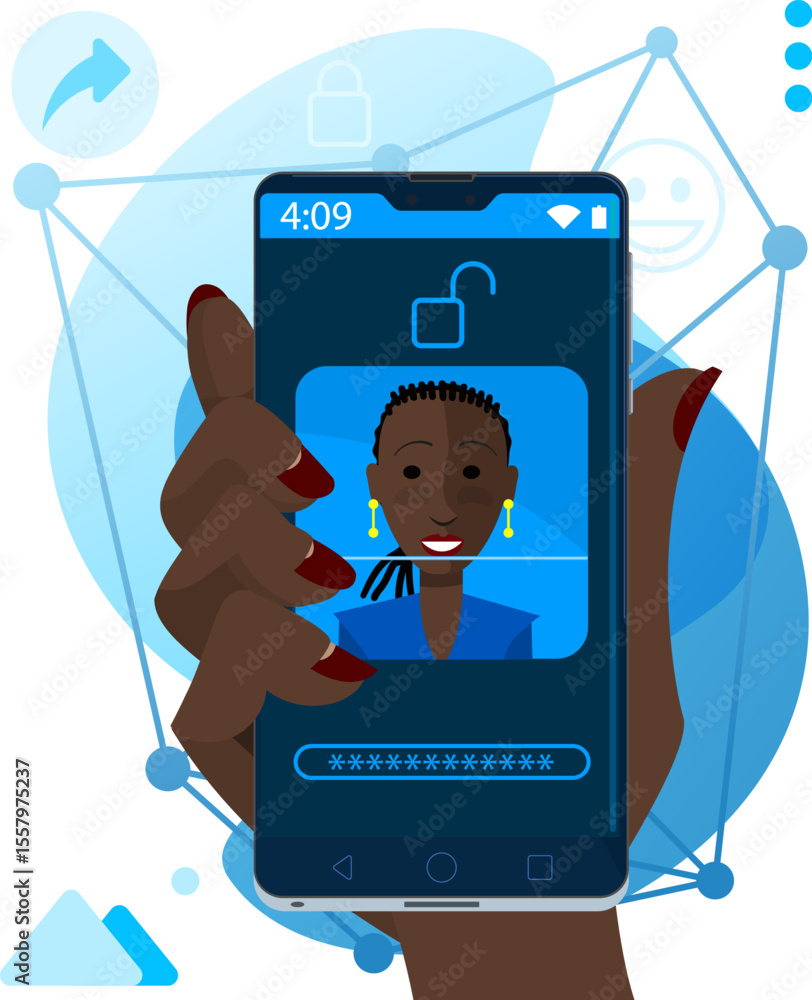 Reconhecimento facial - Desbloqueio facial de smartphone com mulher negra