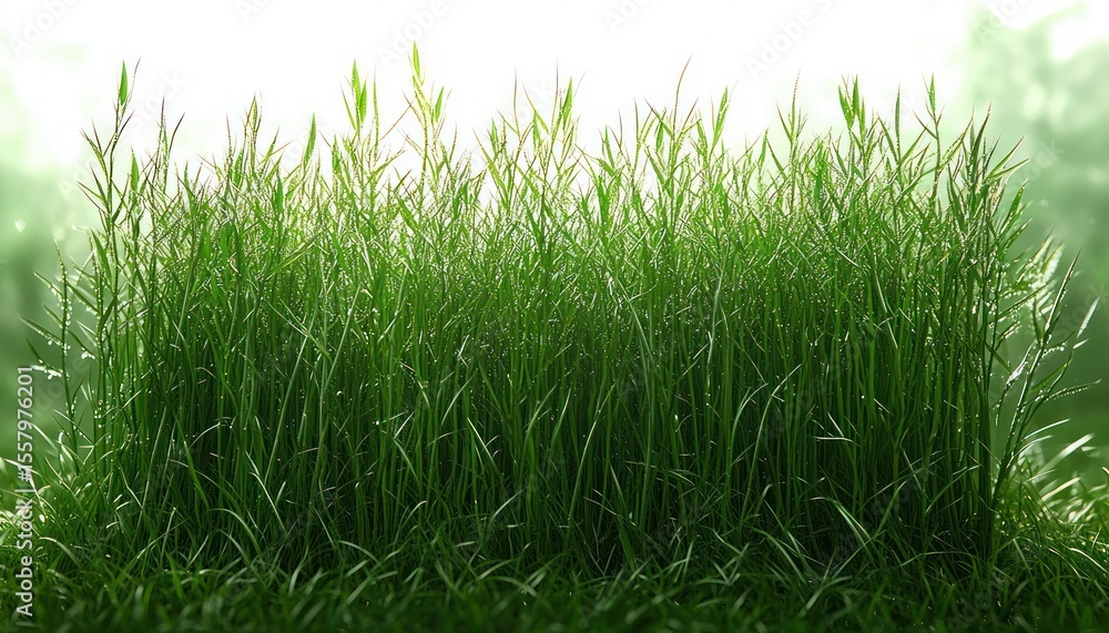Fototapeta premium Close-up of vibrant green tall grass blades illuminated by soft natural sunlight with a blurred green and white background