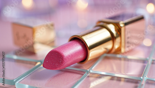 Close up of pink lipstick with gold casing on glass surface