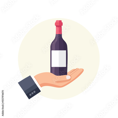 An illustration of a hand presenting a bottle of wine