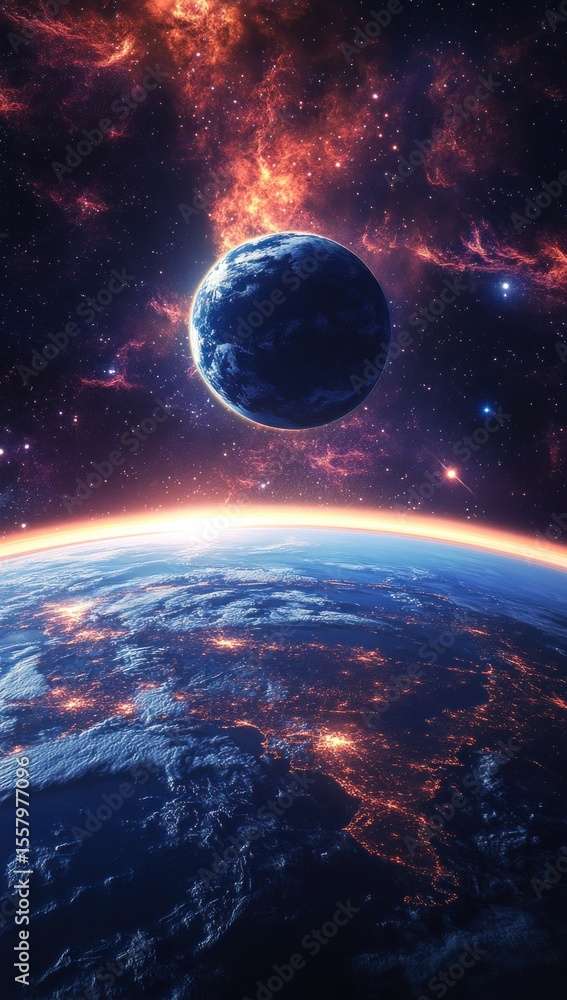 Obraz premium Dramatic cosmic scene of planet Earth with illuminated land and a dark blue planet against a fiery nebula and star-filled space