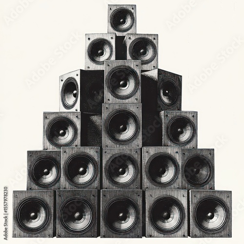 A pyramid-shaped stack of wooden box speakers arranged symmetrically against a plain background