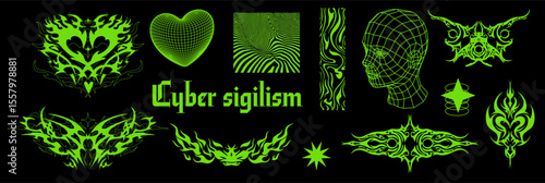 Vector illustration pack in cyber sigilism style, featuring neon green tribal shapes, a wireframe heart, a digital human head, optical illusion patterns. Futuristic and trendy digital graphics.
