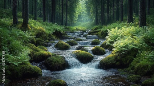Tranquil forest stream flowing over moss-covered rocks surrounded by lush green ferns and tall trees under soft natural light creating peaceful atmosphere