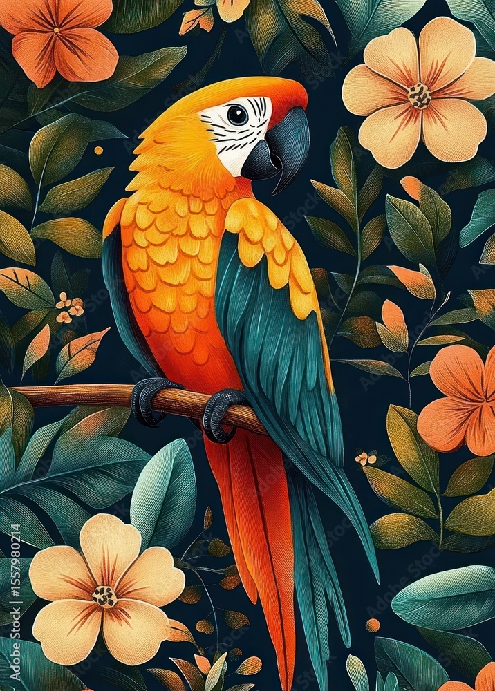 Fototapeta premium Vibrant orange and teal parrot perched on a branch surrounded by lush green leaves and large peach-colored flowers, creating a lively and tropical atmosphere