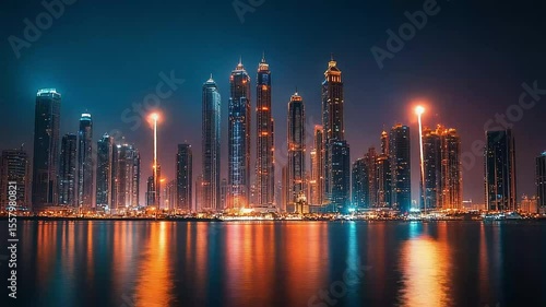 Spectacular urban skyline illuminated by vibrant fireworks display over calm waters