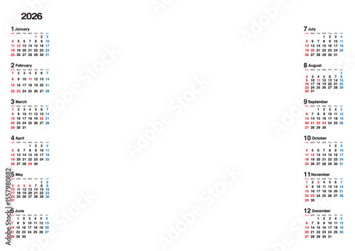 2026年の年間カレンダー AIデータとPNGで全面にお気に入りの画像やイラストを配置できます 白フチ文字 横位置