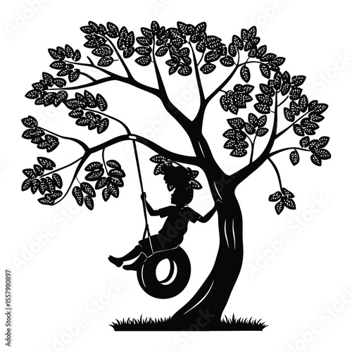 A joyful child swings freely on a tire swing, their silhouette framed against the sky, capturing carefree play, childhood bliss, and the simple magic of outdoor fun.
