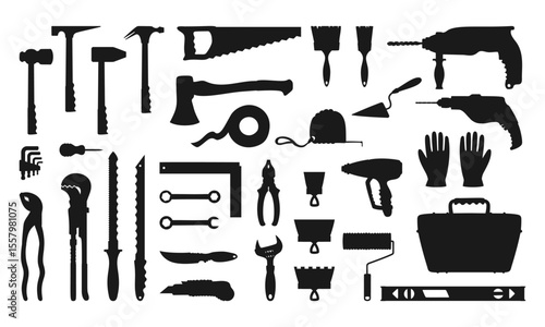 Building tools construction equipment set silhouette illustration. Hardware for repair works service construction industry black kit. Hammer axe tools for home repairs tool box cartoon isolated vector