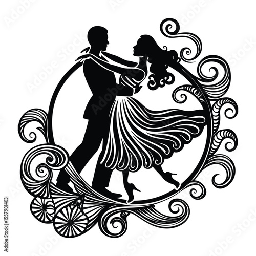 Silhouetted retro woman and man dance the Charleston with flair—kicking, twirling, and swinging in 1920s style, full of vintage energy and jazz-age rhythm.
