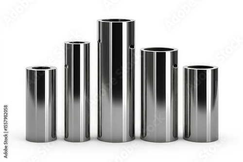 Set of metal pipe, stainless steel, cylindrical isolated on white background