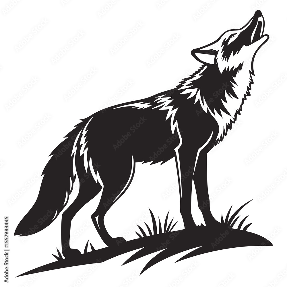 Obraz premium A black silhouette of a fox stands attentively on a small hill, gazing upwards with its head tilted back.