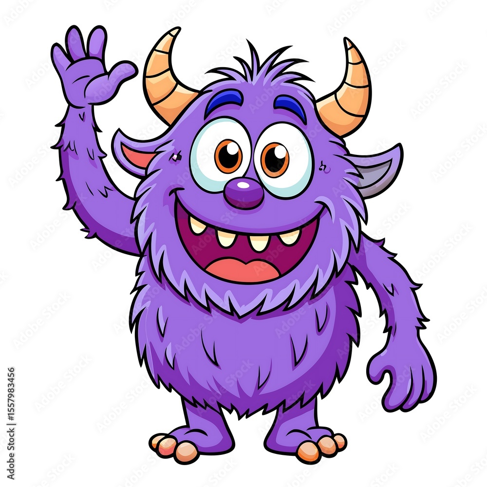 Fototapeta premium Cheerful Purple Monster: A delightful cartoon monster with a fluffy purple coat, charming smile, and curved horns waves hello. A symbol of fun and imagination.