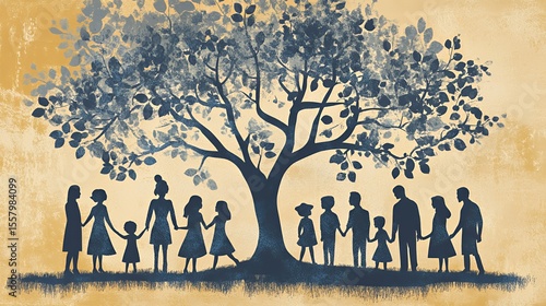 A diverse group of people holding hands under a large tree silhouette.