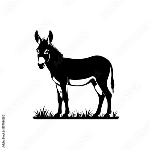 silhouette of a donkey , A black and white silhouette of a donkey standing in some grass art on transparent background , ai , eps , jpg , png
