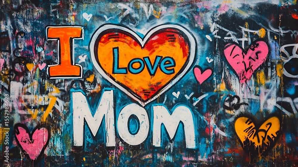 Naklejka premium Colorful graffiti mural expressing love for mom, vibrant and heartfelt.