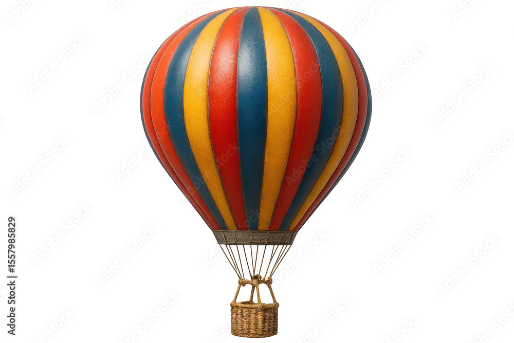 Fototapeta premium Multicolored hot air balloon with bold red, yellow, blue stripes, hovering weightlessly against clean white backdrop