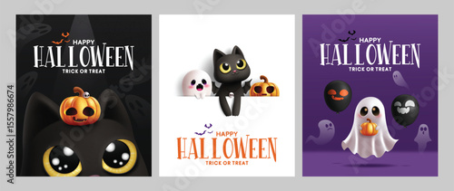 Happy Halloween greeting clipart poster set. Halloween trick or treat text invitation card template clip art collection with cat, ghost and pumpkin character in white board element vector illustration