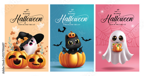 Happy Halloween greeting clipart poster set. Halloween trick or treat text clip art collection in spider web and flower colorful background with ghost, pumpkin and cat characters for horror party 