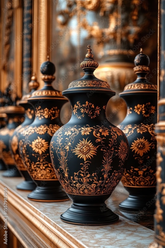 Elegant black decorative vases with intricate gold floral patterns displayed on a polished stone shelf, reflecting a luxurious and classic ambiance Elegant black decorative vases with intricate gold floral patterns displayed on a polished stone shelf, reflecting a luxurious and classic ambiance