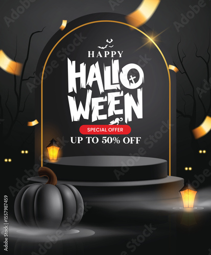 Halloween black podium clipart poster design. Halloween sale in black stage clip art with 50% off shopping discount for spooky product display presentation in scary black background vector 