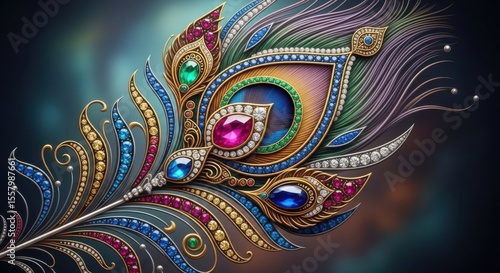 Wallpaper Mural Exquisite Jeweled Peacock Feather Intricate Design with Vibrant Gemstones and Gold Embellishments Torontodigital.ca