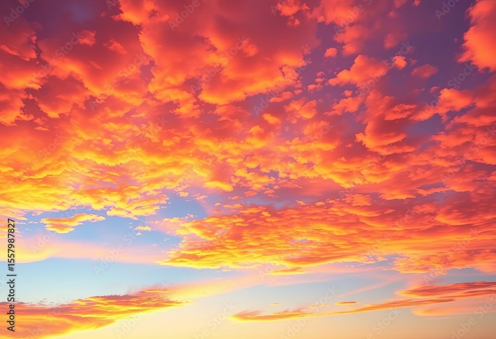 Fototapeta premium Vibrant sunset hues paint a summer sky, clouds ablaze with orange and pink, summer sunset, glow