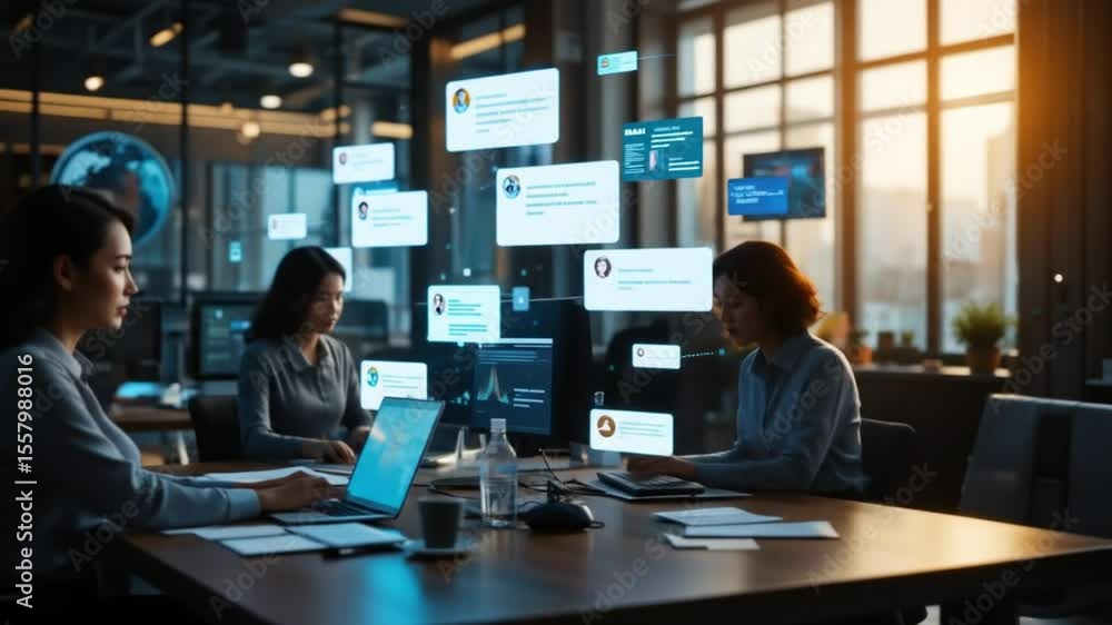 Dynamic team collaborating in modern office using data visualization and cloud computing