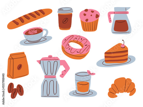 Flat Food And Coffee Icon Illustration. A charming set of flat style food and coffee illustrations including croissant donut espresso coffee maker cake muffin. Perfect for menus and cozy cafe graphics