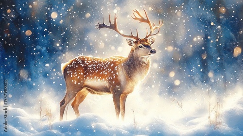 majestic deer with large antlers standing in a snowy winter landscape surrounded by softly falling snowflakes and glowing light