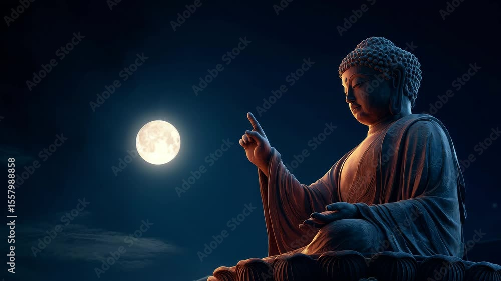 A serene, photorealistic depiction of Buddha statue pointing to a luminous moon, evoking tranquility and enlightenment. This scene reflects themes from Buddhist teachings on perception and reality.