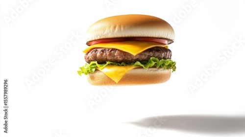 Classic American cheeseburger rendered mid-air, with shadow on white background, high realism generative ai