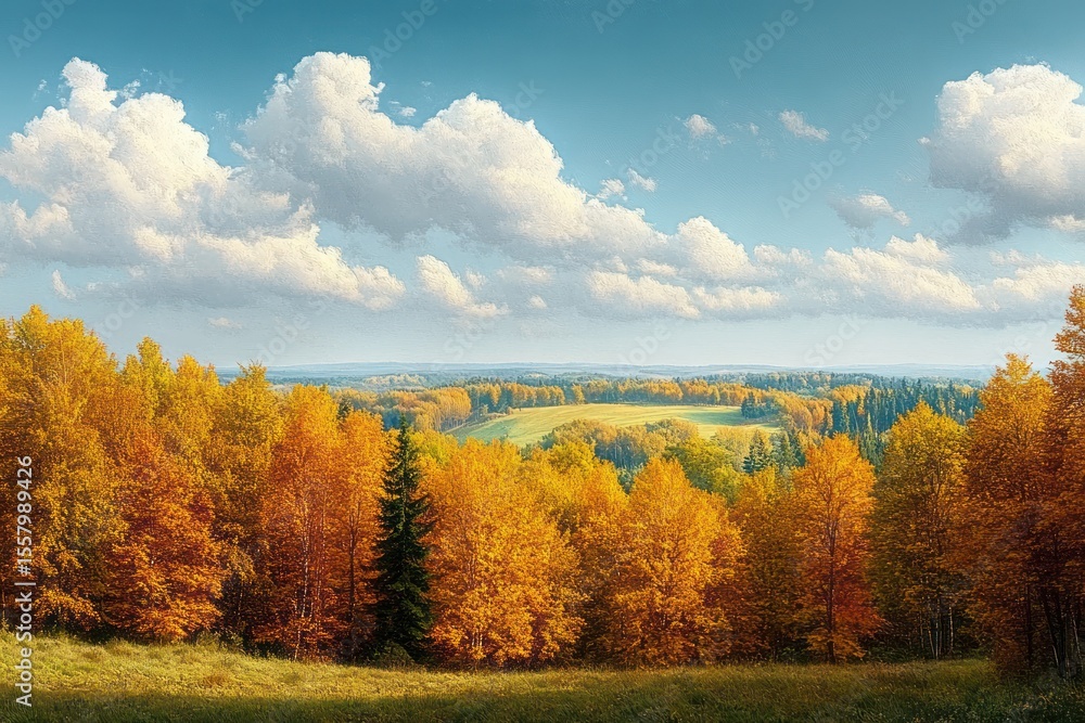 Fototapeta premium vibrant autumn forest with golden and orange foliage under a bright blue sky with fluffy clouds overlooking rolling hills and mixed evergreen trees