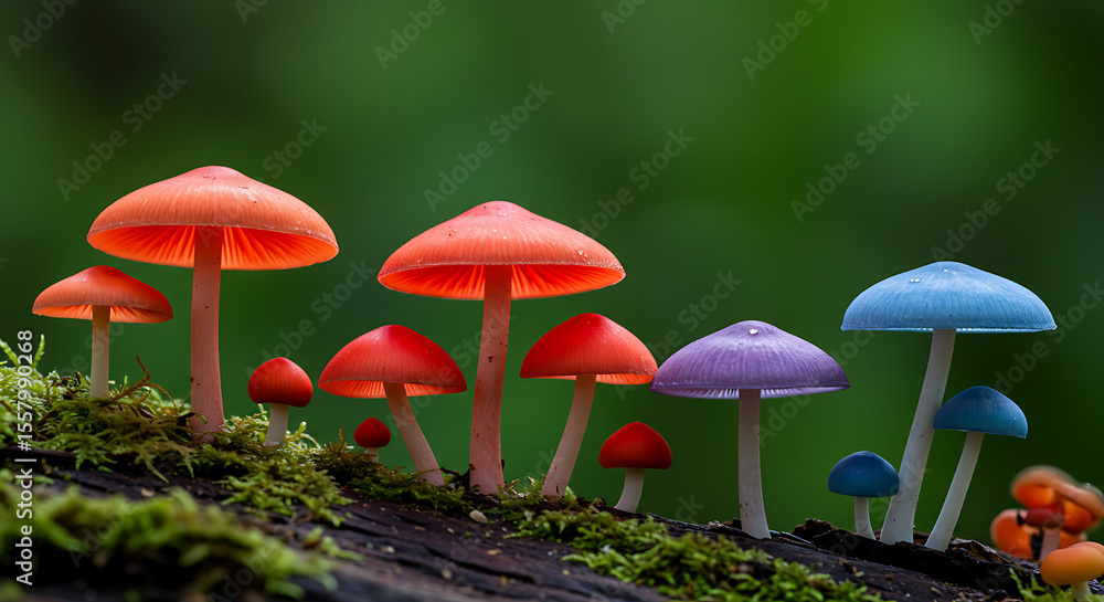 Fototapeta premium Vibrant Colorful Mushrooms in Forest A Stunning Macro Photography