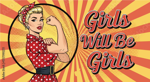 Vintage pop art poster of a blonde woman in a red polka dot shirt flexing her arm. Represents girl power, female empowerment, and the 