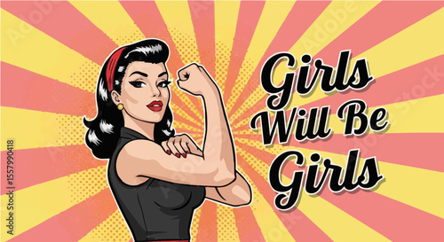 Pop art illustration of a strong woman with dark hair flexing her bicep in a retro comic style. Symbol of girl power, feminism, and female strength.