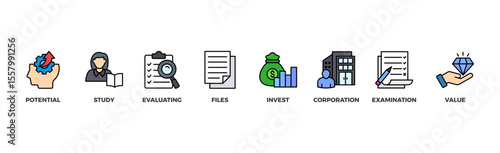 Due diligence banner web icon illustration concept with icon of potential, study, evaluating, files, invest, corporation, examination and value