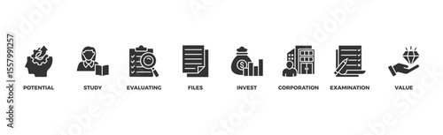 Due diligence banner web icon illustration concept with icon of potential, study, evaluating, files, invest, corporation, examination and value