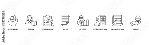 Due diligence banner web icon illustration concept with icon of potential, study, evaluating, files, invest, corporation, examination and value