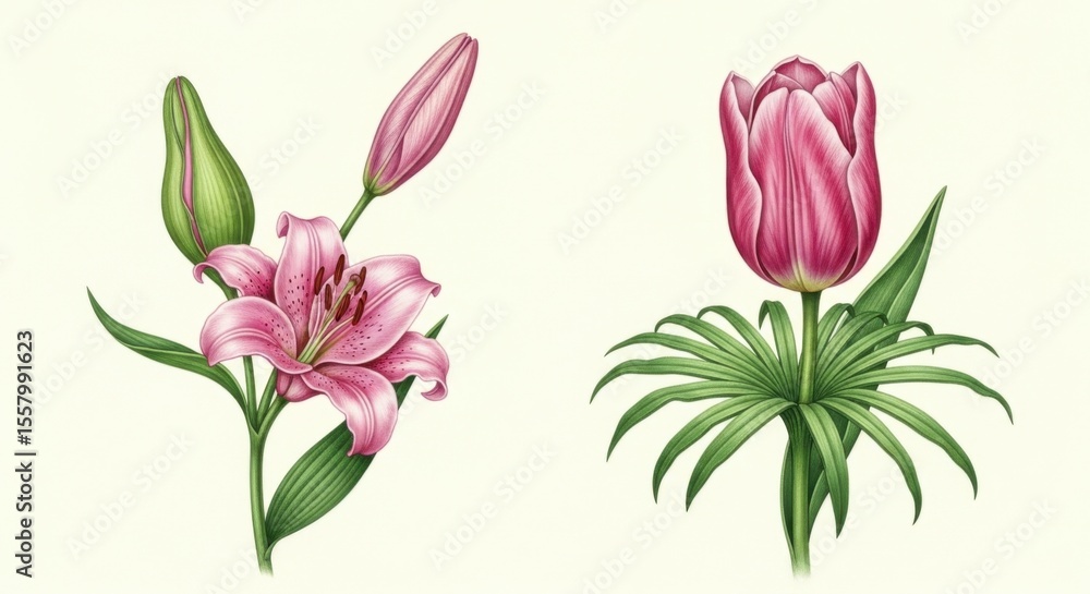 Fototapeta premium Vintage botanical illustration of a pink lily and a pink tulip with green leaves and buds on a cream background