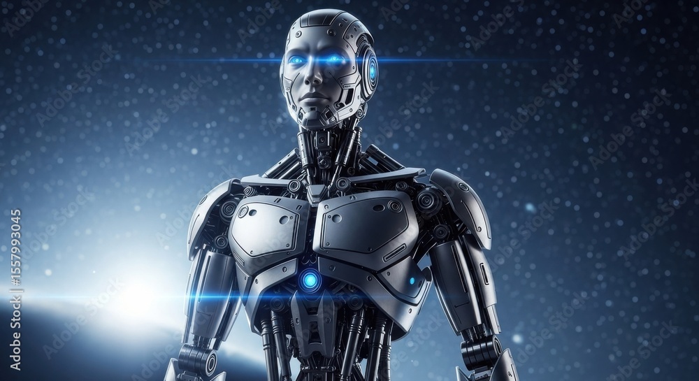 Naklejka premium Advanced humanoid robot with glowing blue eyes and metallic body against a starry background
