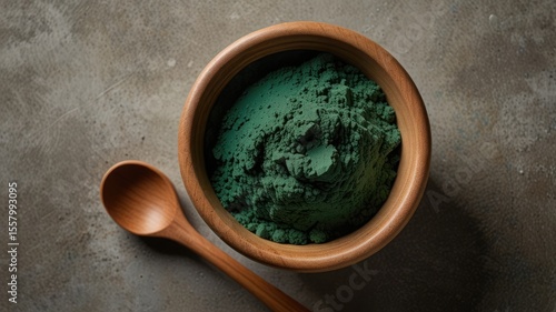 Superfood Spirulina with Wooden Spoon on White Background for Health Themes