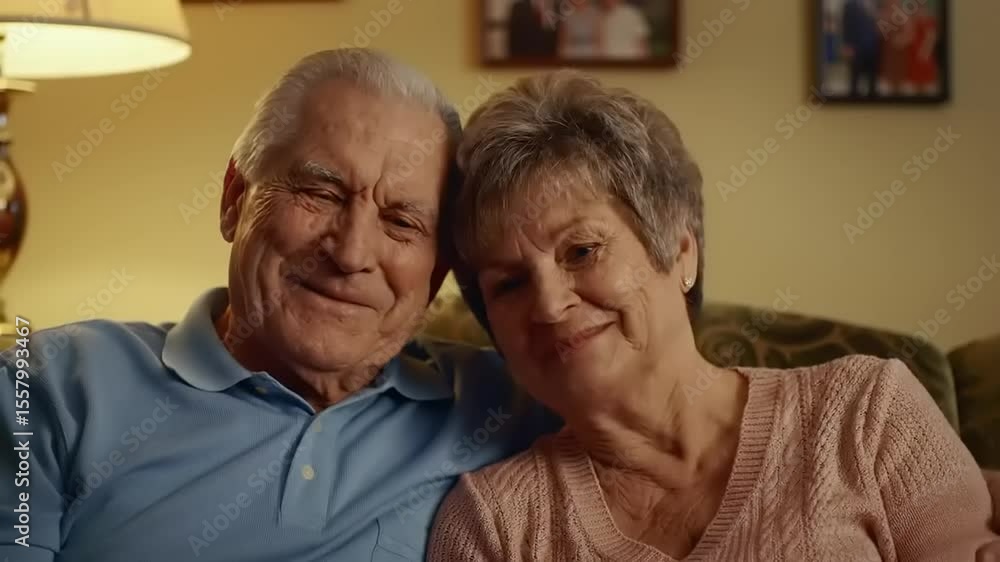 Elderly couple enjoying a joyful moment together while looking at a photo album in their cozy living room Elderly couple enjoying a joyful moment together while looking at a photo album in their cozy living room