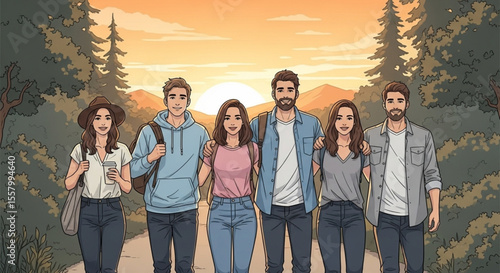 Group of Diverse Friends Walking Together – Inclusion and Friendship Illustration