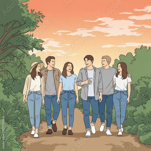 Group of Diverse Friends Walking Together – Inclusion and Friendship Illustration