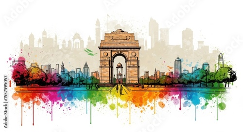 Vibrant Watercolor Skyline of India Gate and New Delhi Architecture