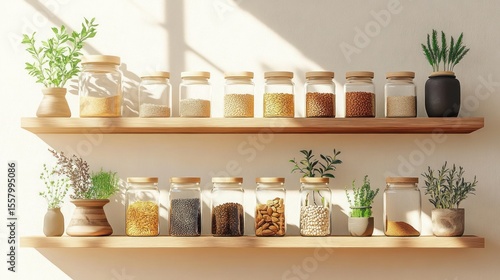 Wallpaper Mural Two wooden shelves filled with glass jars containing various grains, seeds, and nuts along with small potted green plants, bright natural sunlight casting soft shadows on the wall Torontodigital.ca