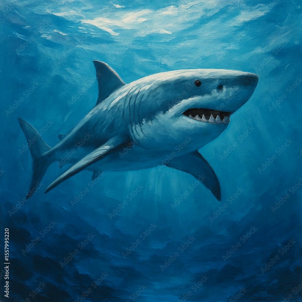 Fototapeta premium A.I. Art created by ChatGPT of Great White Shark swimming in blue ocean water