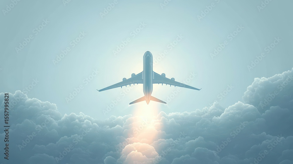 Fototapeta premium Airplane ascending above thick clouds with bright light shining behind and warm glowing trail beneath the aircraft in a clear sky
